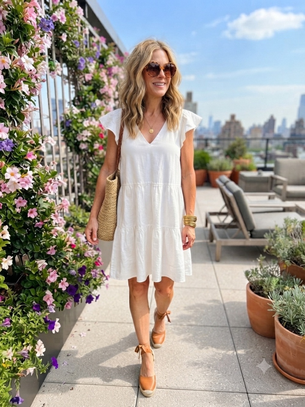 Antonio Melani White Linen Blend Tiered Ruffle Sleeve Pocket Dress Size Large